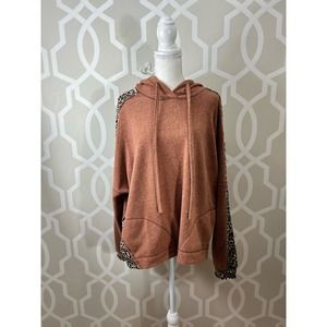 Easel Hoodie Top Sz M Brown Spice Animal Print Trim Oversized Euc